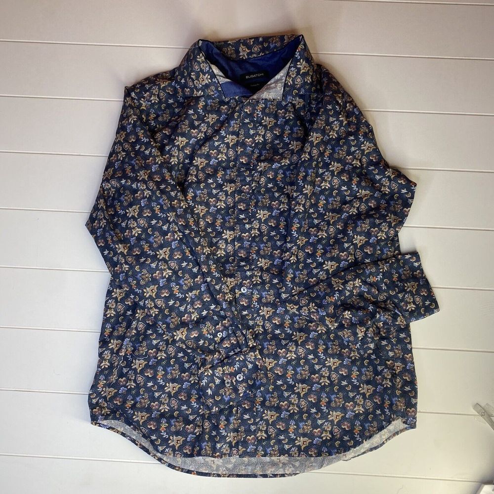 Bugatchi Julian Mens Shirt Floral Blue Button‎ Down Comfort Stretch Evening